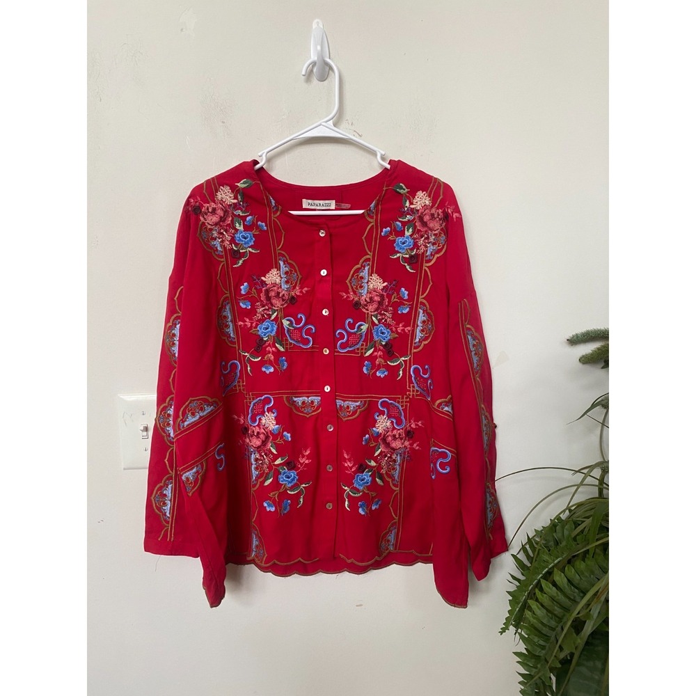 New Paparazzi Women's Red Multi Floral Embroidered Boho Blouse Top Size S, $129